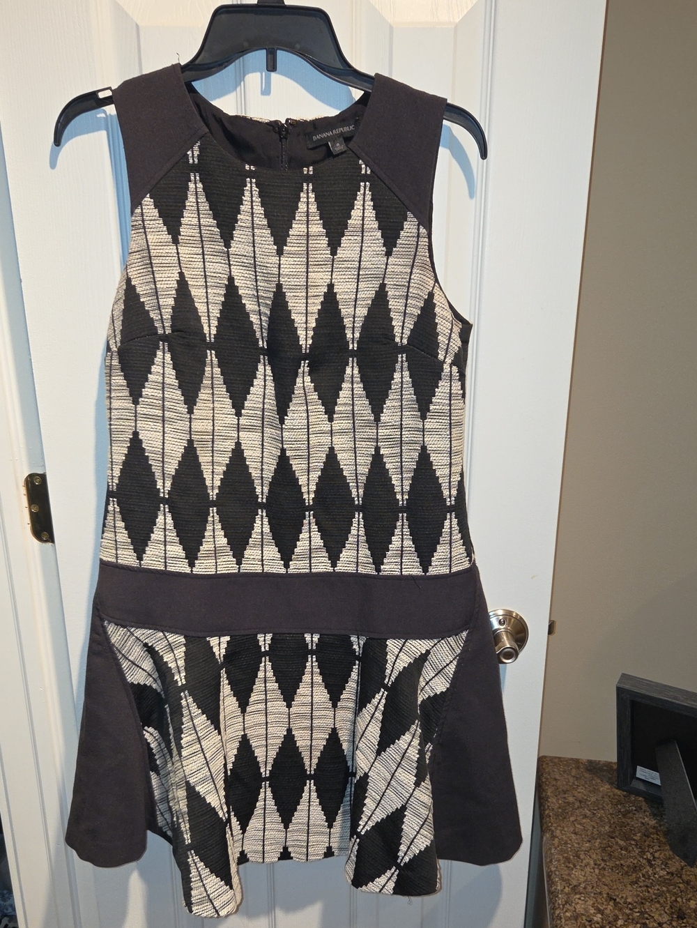 Banana Republic Black and Cream Sleeveless Geometric Fit & Flare Dress